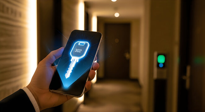 A hand holding a smartphone with a digital key on the screen in a hotel hallway