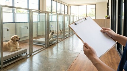 Dog boarding facility with attentive staff checking on happy dogs in spacious kennels with natural light