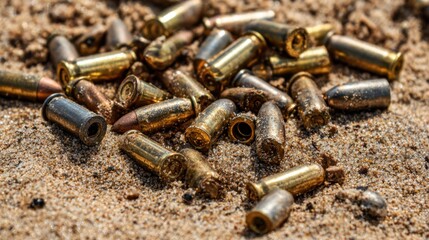 Scattered spent bullet casings of various calibers gleaming on coarse sand, a close-up detailed view