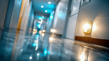 Obraz premium Modern apartment corridor with warm wall light and reflective floor, shallow depth of field
