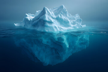 Obraz premium Iceberg floats in ocean with clear blue water under foggy sky at dawn in a cold environment