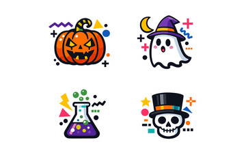 Fototapeta premium A collection of four colorful Halloween icons featuring a carved pumpkin, a ghost in a witch hat, a bubbling potion flask, and a skull in a top hat on a black background.