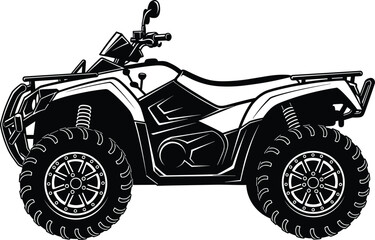 Obraz premium All‑terrain vehicle silhouette, black and white vector, rugged off‑road design, ATV side profile illustration, outdoor adventure artwork, mechanical detail drawing
