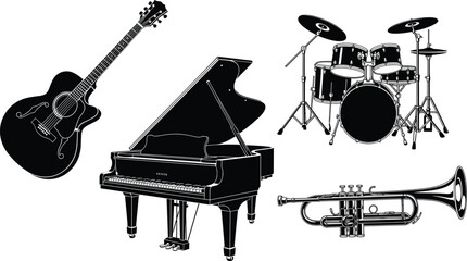 Black and white musical instrument illustration, acoustic guitar, grand piano, drum set, trumpet artwork, detailed design, diverse music expression © Fenshi