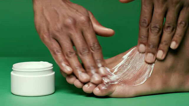 Close-up on dark-skinned hands applying moisturizer to feet with a white jar of cream on green screen background