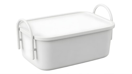 A white plastic lunch box with handles on transparent background
