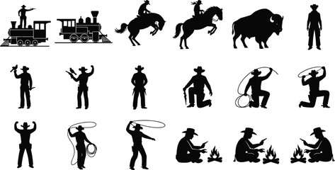 Collection of Wild West silhouettes, cowboys, horses, buffalo, steam locomotive artwork, frontier culture design, American western lifestyle illustration © Fenshi