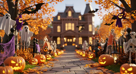 Fototapeta premium A spooky halloween scene with a large house and many jack o lanterns