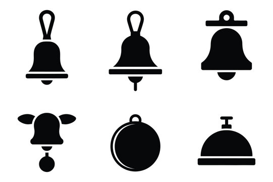 Set of 6 black bell icons on white background