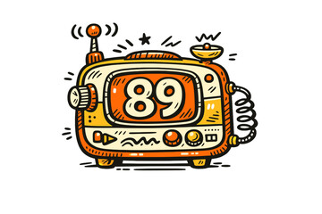 A stylized cartoon illustration of a retro orange and yellow radio or television set featuring the number eighty-nine on its screen against a solid black background.