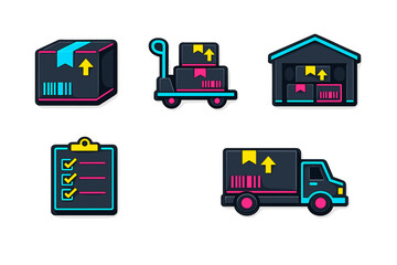A set of five neon logistics icons on a black background, including a shipping box, a pallet truck, a warehouse, a checklist, and a delivery truck for supply chain concepts.