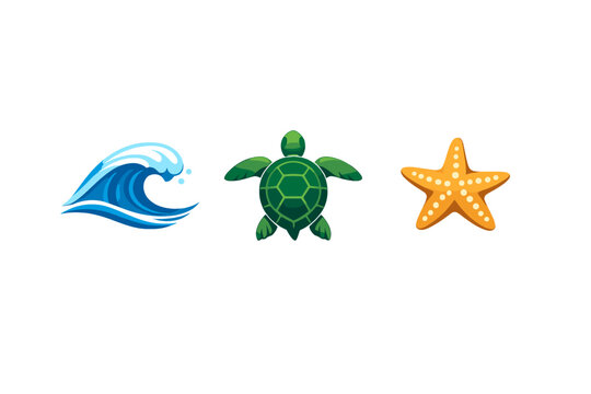 Three colorful marine-themed icons featuring a blue ocean wave, a green sea turtle, and an orange starfish are arranged horizontally against a solid black background.