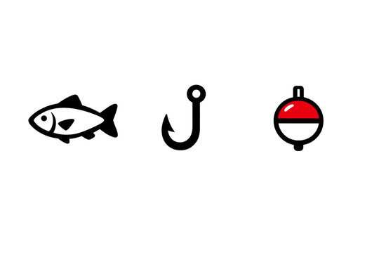 A minimalist graphic featuring a white fish icon and a red and white fishing bobber floating on a solid black background. Ideal for fishing and outdoor recreation themes.