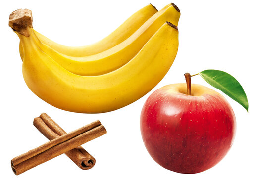 Ma&ccedil;&atilde; vermelha, cacho de bananas maduras e paus de canela isolados no fundo transparente