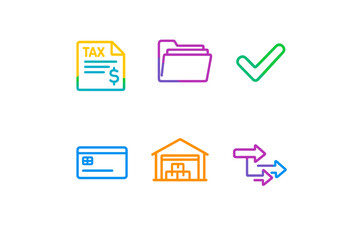 A collection of six colorful neon outline icons representing business and logistics concepts like tax documents, folders, checkmarks, credit cards, warehouses, and directional arrows.
