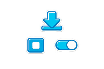 Obraz premium A collection of three blue user interface icons including a download symbol, a stop button, and a toggle switch, all presented with a glossy finish on a black backdrop.