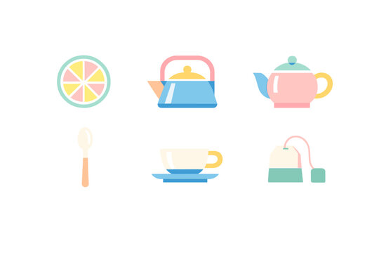 A collection of six flat vector icons related to tea time, including a lemon slice, kettle, teapot, spoon, teacup with saucer, and a tea bag, all in pastel colors on a black background.