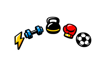 A set of fitness and gym icons including a lightning bolt, blue dumbbell, black kettlebell, red boxing glove, and medicine ball arranged in an arc on a black background.