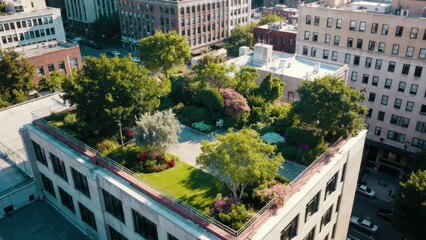Fototapeta premium Rooftop garden landscaped with lawn on urban apartment.