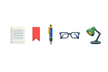 A row of five flat design icons featuring a lined notepad, a red bookmark, a blue ballpoint pen, black-framed glasses, and a green desk lamp set against a solid black background.