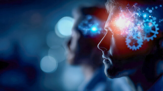 Conceptual side profiles of two human heads with glowing gears and network light, artificial intelligence and creative thinking technology concept