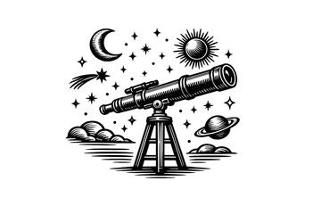 A black and white woodcut style illustration features a telescope on a tripod aimed at a night sky containing a crescent moon, stars, a comet, and the planet Saturn. © icon_art