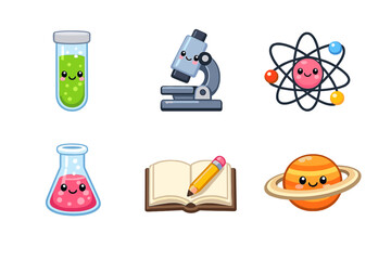 A collection of six cute science icons featuring a test tube, microscope, atom, flask, book with pencil, and planet Saturn, most of which have smiling faces on a solid black background. © icon_art