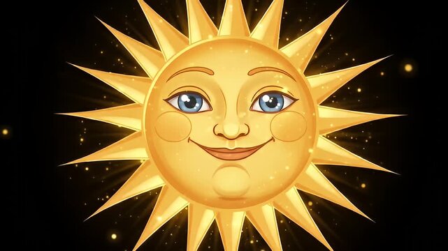 A cheerful, cartoon-style sun with a smiling face, radiating golden rays against a black background
