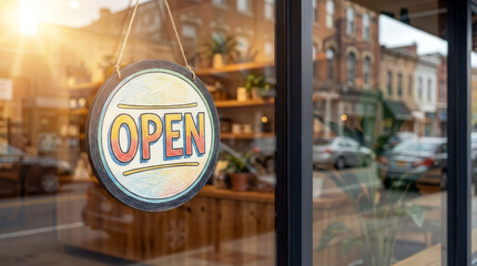 Warm Sunlit Open Sign Hanging on a Small Business Storefront Window in the City