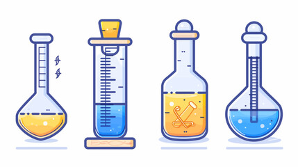 A cartoon illustration of four different laboratory flasks and beakers with colorful liquids inside
