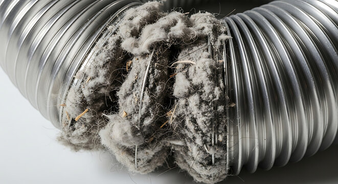 Close up of a Clogged Dryer Vent Hose with Thick Lint Buildup and Dust, Fire Hazard Concept