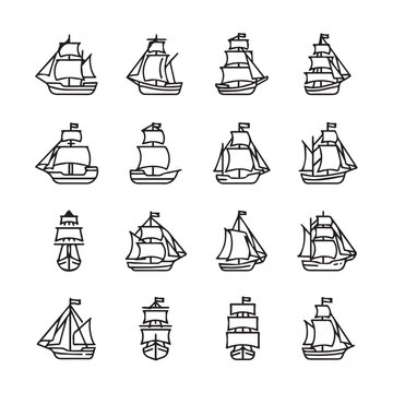 Collection of Vintage Sailing Ship Icons on White Background Nautical Transportation Illustrations