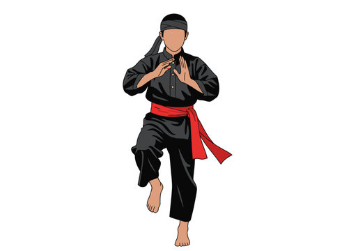 Martial Artist in Black Uniform and Red Sash Performing Stance.