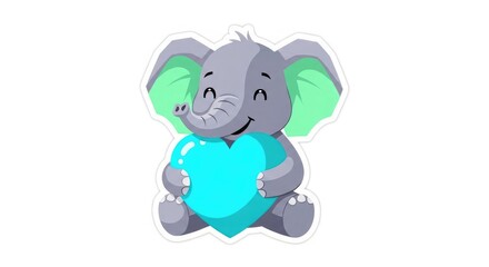 Obraz premium A gray elephant happily holds a large blue heart in a cute illustration.