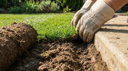 Fototapeta premium Hands aligning sod strip to create a clean lawn edge