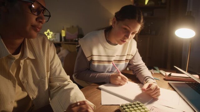 Teen student using calculator to complete math problem, giving her notebook to her tutor who checking it