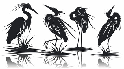 Obraz premium Silhouetted depictions of herons in water, with reflections, plants, and varying poses