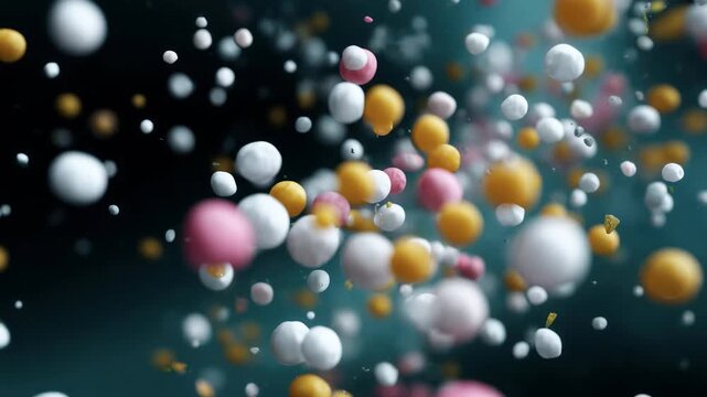 Small pink, yellow, and white spheres of various sizes drift through a dark space with a soft background blur and shallow depth of field