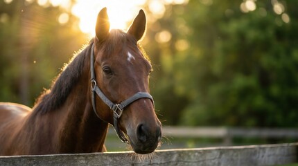 Obraz premium Horse Near Fence in Warm Evening Light