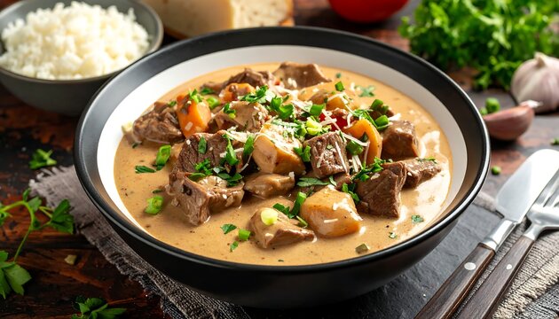 Delicious Beef Stroganoff with Rice - A Hearty and Flavorful Meal.