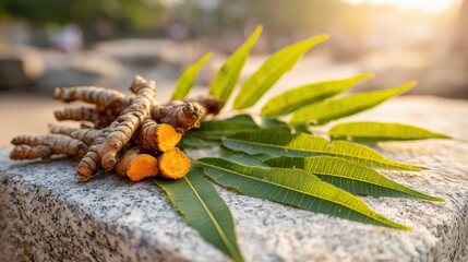 Naklejka premium Fresh turmeric root and green leaves on stone surface for herbal medicine packaging, natural wellness design, recipe card and label background