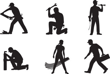 Obraz premium Silhouettes of construction workers and craftsmen using tools and equipment