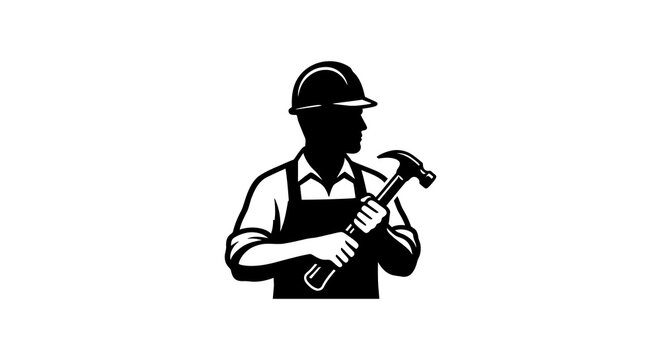 Construction worker silhouette holding a hammer depicted in black and white