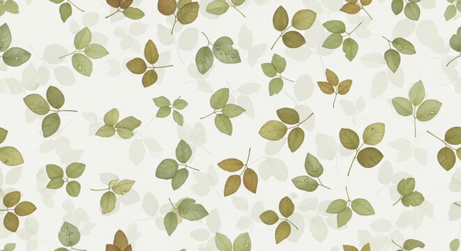 Green and brown leaves scattered on white background natural foliage pattern for design and decoration