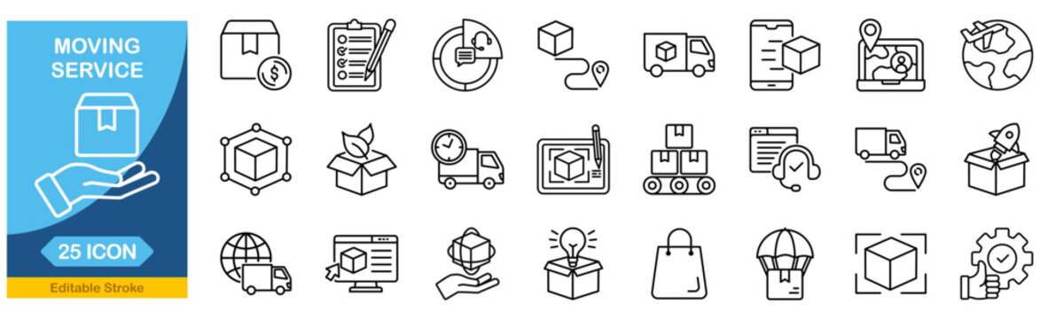 Moving Service web icons in line style. packing, loaders, collection. Editable stroke. Vector illustration.