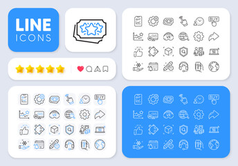 Cursor, Internet search and Inspect line icons for web app. Message, Share, Like social media icons. Pack of Help app, Buying, Report statistics pictogram icons. Vector