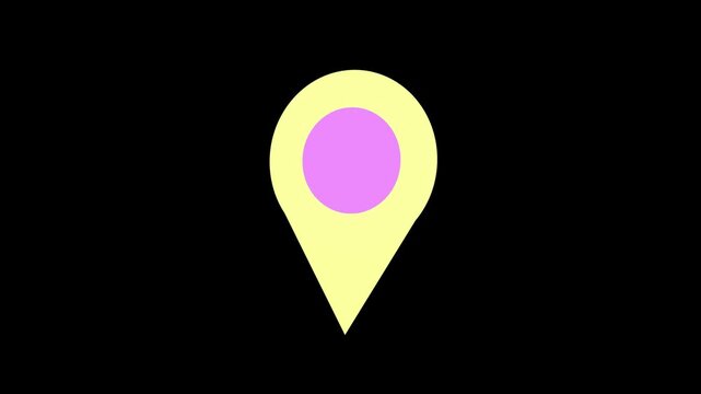 A soft yellow location pin with a gentle purple circle at its center, presented on a dark black background, representing a map marker for navigation and geotagging