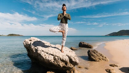 Woman practicing yoga in a tranquil beach setting