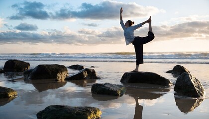 Woman practicing yoga in harmony with nature on a beach at sunset