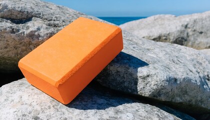 Yoga block on rocks by the sea, bright colors, peaceful atmosphere, wellness concept